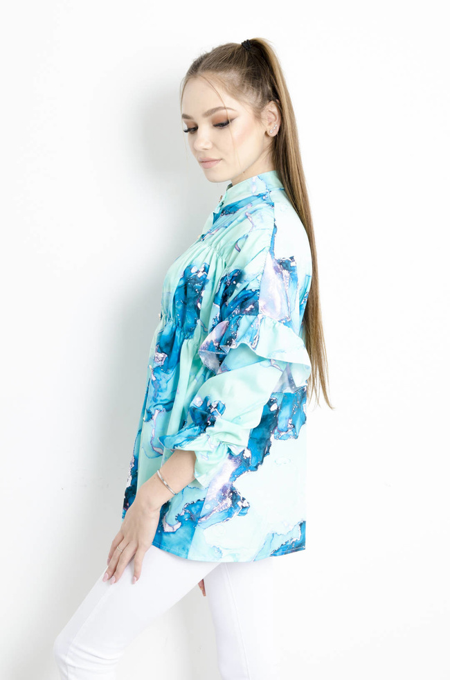 KOSZULA MARMURKOWA Z FALBANAMI NA RĘKAWACH - ZIELONA