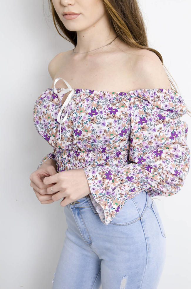 BLUZKA HISZPANKA BIAŁO-FIOLETOWA W DROBNE KWIATY