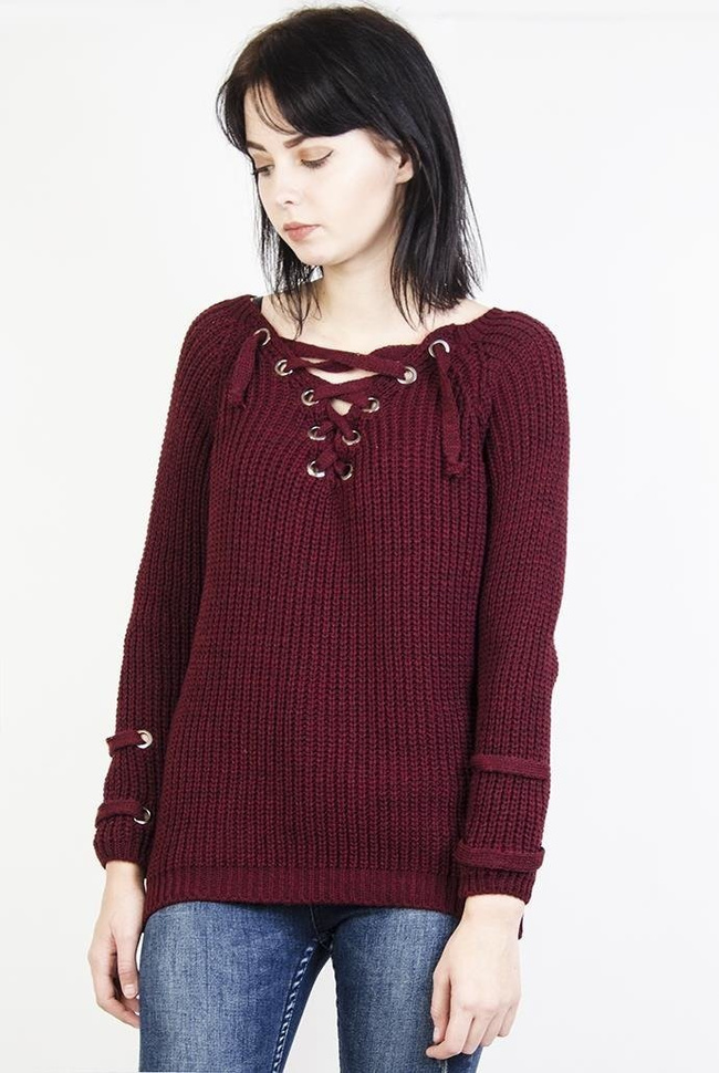 Bordowy sweter z wiązaniem w dekolcie