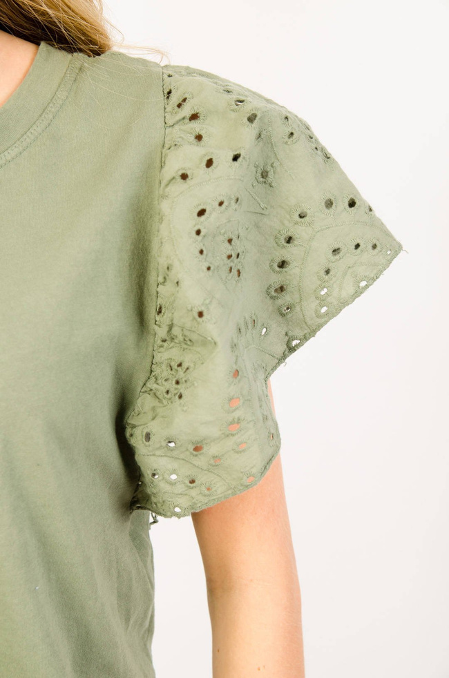 ZIELONA BAWEŁNIANA BLUZKA Z AŻUROWYMI RĘKAWAMI