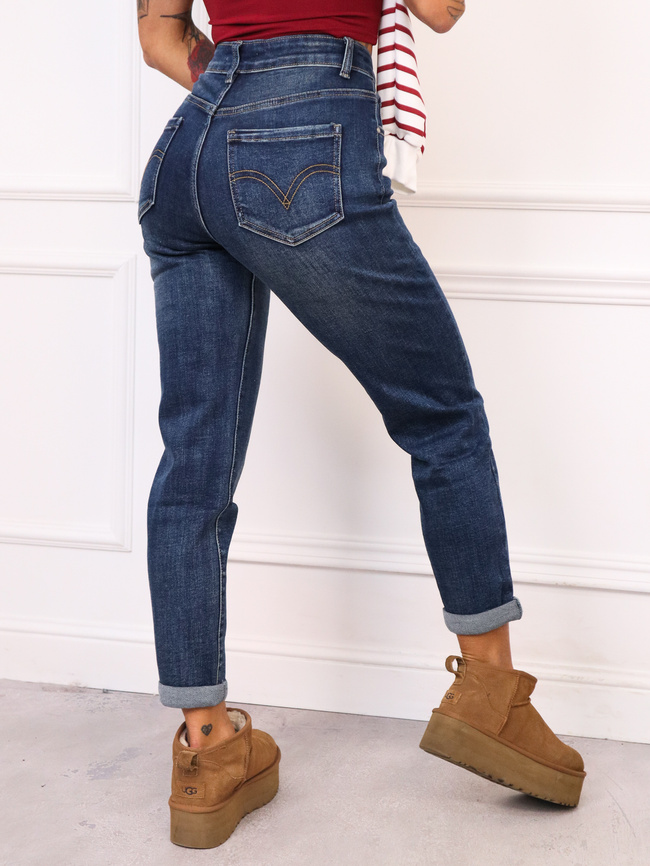 SPODNIE MOM FIT Z OZDOBNYM PRZESZYCIEM NA KIESZENI-GRANATOWE