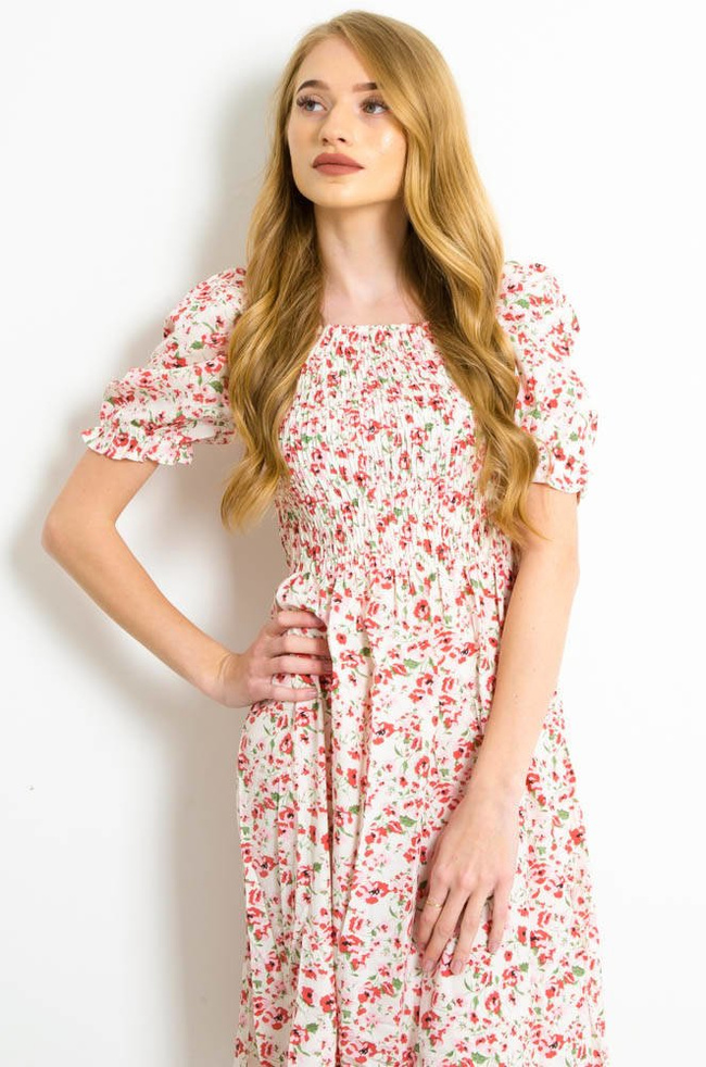 BIAŁA SUKIENKA Z BUFKAMI W RÓŻOWE KWIATY