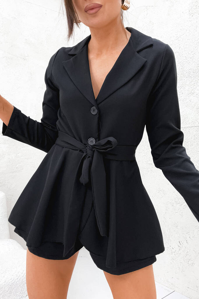 KOMBINEZON WIĄZANY W PASIE ZAPINANY NA GUZIKI- CZARNY