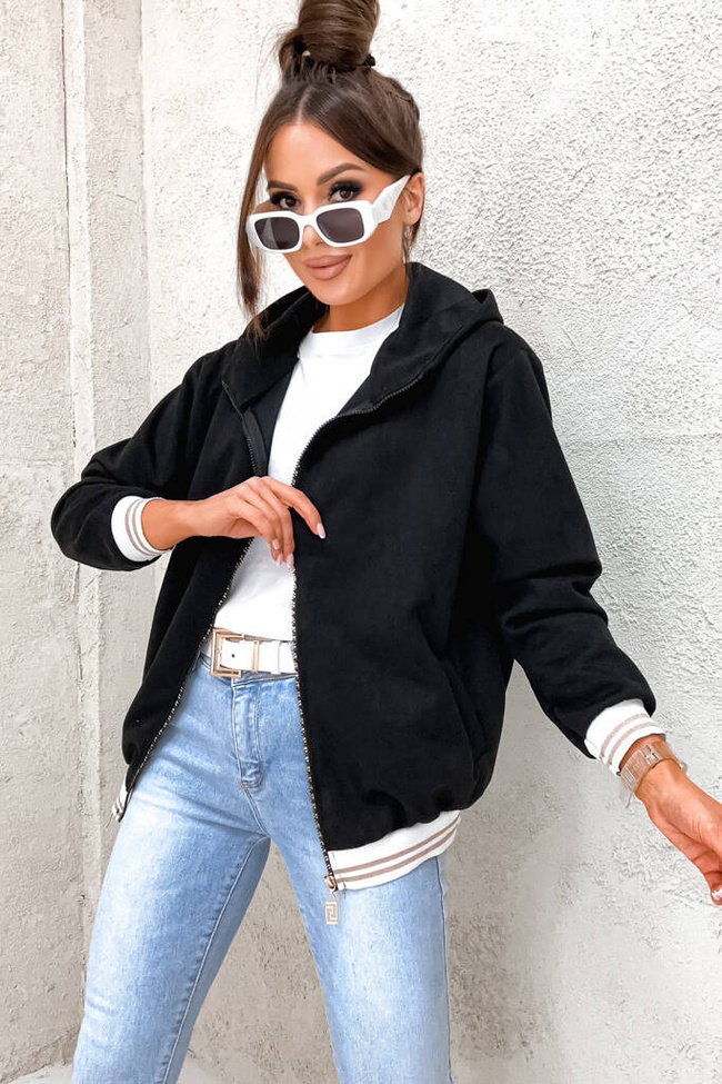 BLUZA ZAMSZOWA Z KONTRASTOWYMI ŚCIĄGACZAMI- CZARNA