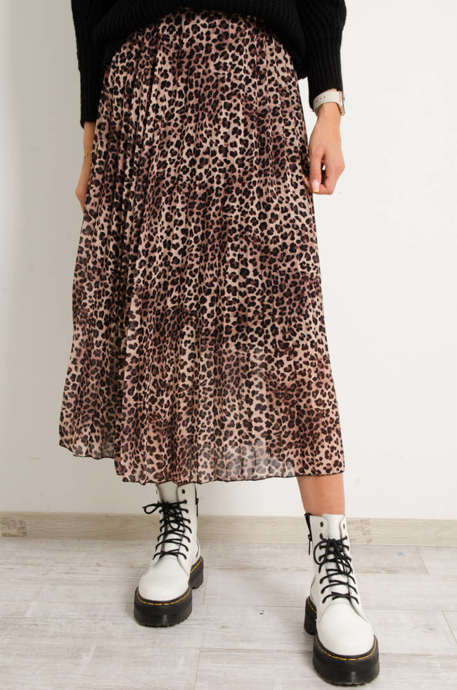 PLISOWANA SPÓDNICA W PANTERKĘ- BRĄZOWA