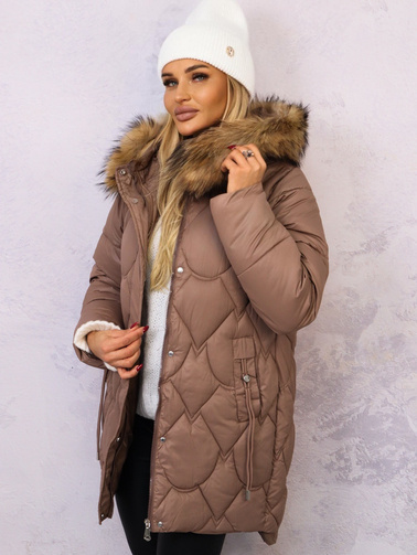 ASYMETRYCZNA PIKOWANA KURTKA Z KAPTUREM- BRĄZOWA