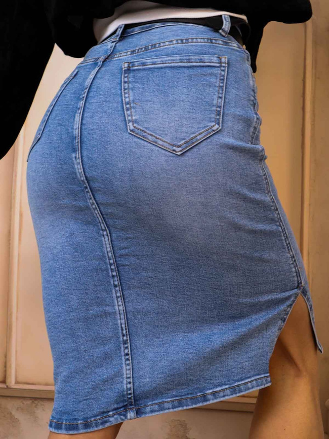 SPÓDNICA JEANSOWA MIDI Z ROZPORKIEM NA BOKU+ PASEK