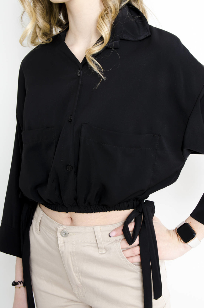 KOSZULA KRÓTKA ZE ŚCIĄGACZEM- CZARNA