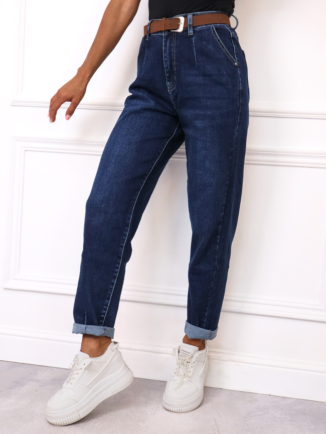SPODNIE JEANSOWE MOM FIT Z PRZESZYCIAMI PRZY KIESZENI +PASEK