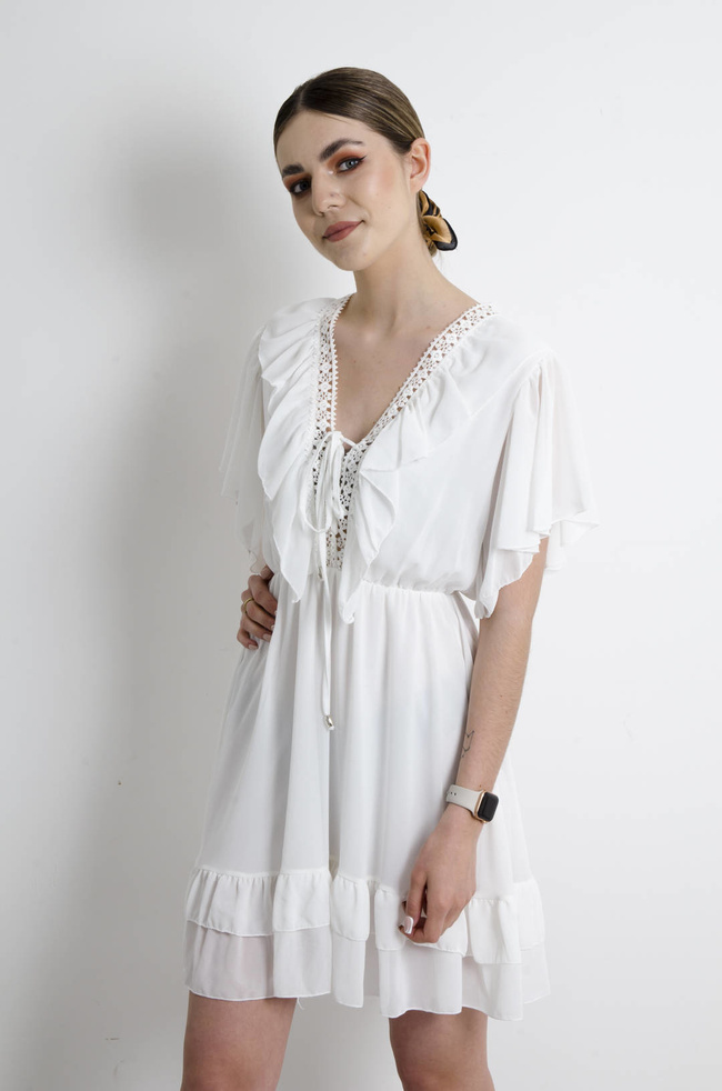 SUKIENKA SZYFONOWA Z AŻUROWYM DEKOLTEM BIAŁA