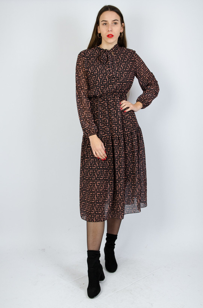 Czarno brązowa sukienka midi z gumką w pasie