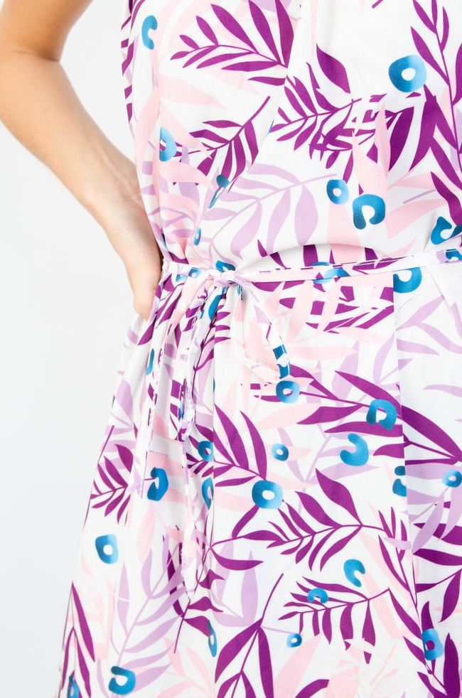 WZORZYSTA SUKIENKA WIĄZANA W PASIE - BIAŁO-RÓŻOWA