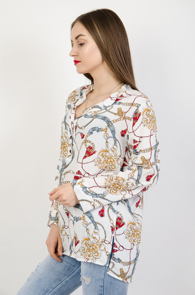 Biała bluzka koszulowa w kolorowe wzory 