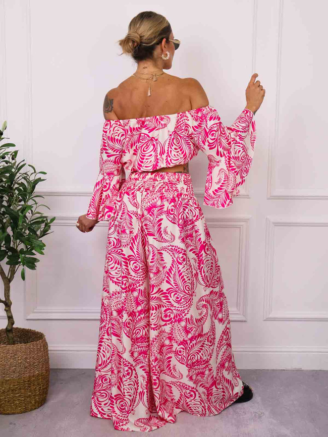 KOMPLET WZORZYSTY TOP+ SPODNIE- FUKSJA