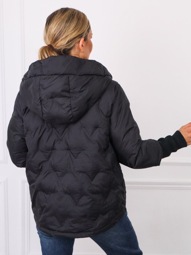 KURTKA PIKOWANA Z MATERIAŁOWYM ŚCIAGACZEM NA RĘKAWIE- CZARNA