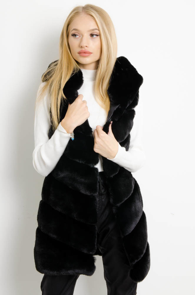 CZARNA FUTRZANA KAMIZELKA Z KAPTUREM (M-XXL)