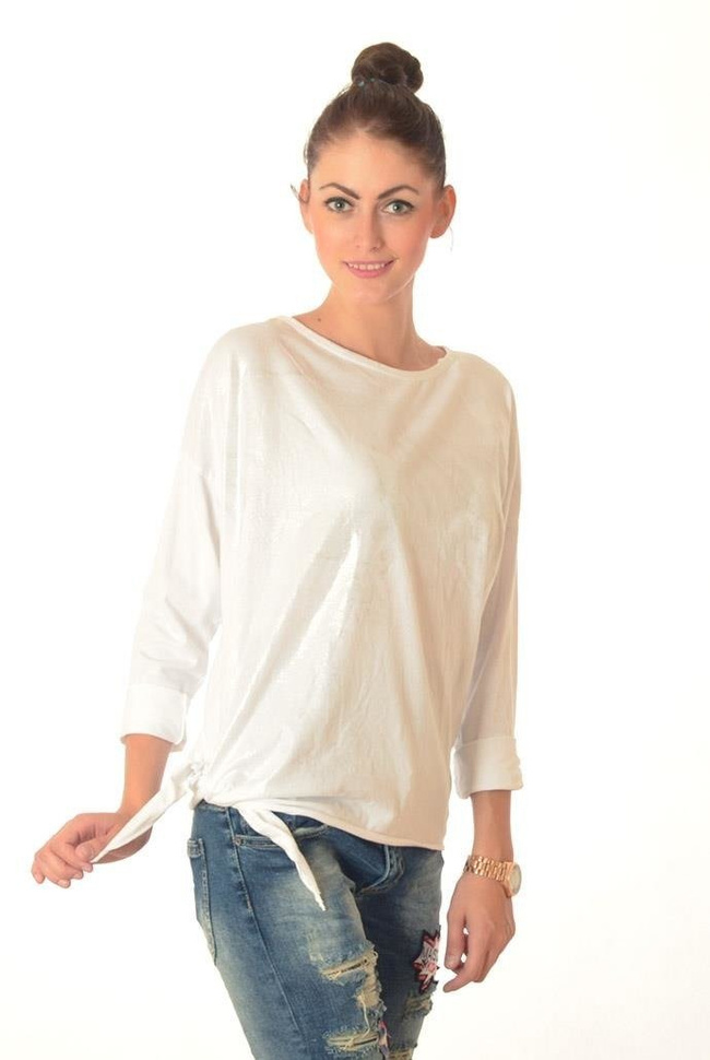 BIAŁA BLUZKA Z DŁUGIM RĘKAWEM WIĄZANA Z BOKU, FRONT SREBRNY