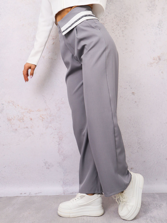 SPODNIE MATERIAŁOWE ELEGANCKIE Z MANKIETEM W PASIE- SZARE