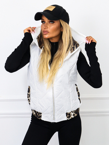 PIKOWANA KAMIZELKA Z KAPTUREM ZE WSTAWKAMI W PANTERKĘ- BIAŁA
