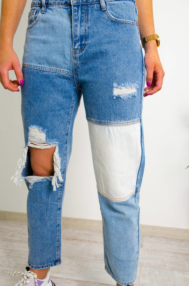 PATCHWORKOWE JEANSY O KROJU STRAIGHT WIDE 
