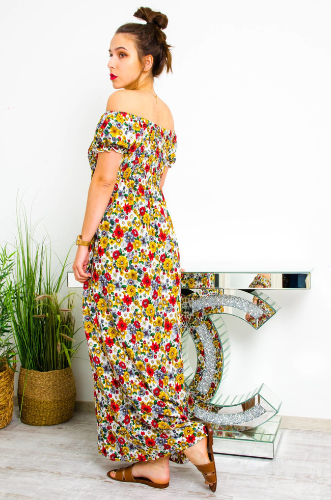 BIAŁA DŁUGA SUKIENKA HISZPANKA W KWIATY 