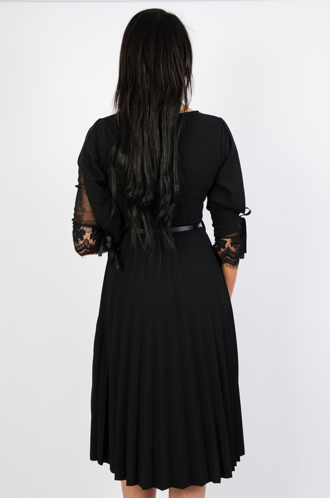 CZARNA SUKIENKA MIDI Z PLISOWANYM DOŁEM + PASEK 