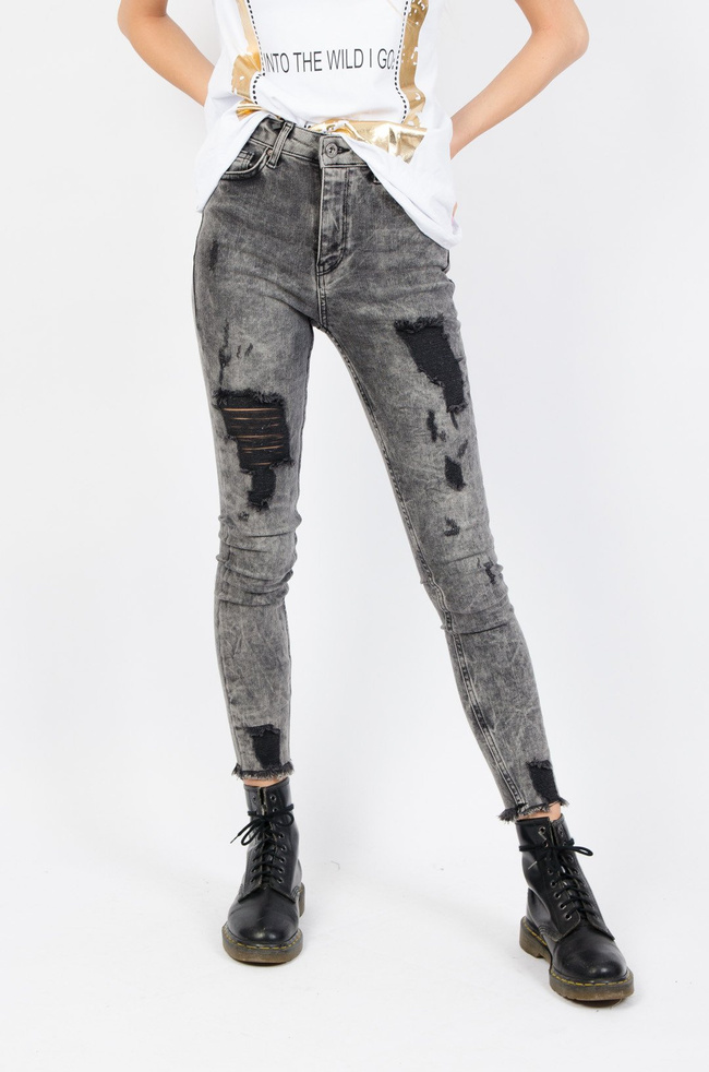 CIEMNO-SZARE SPODNIE JEANSOWE Z PRZETARCIAMI- WYSOKI STAN