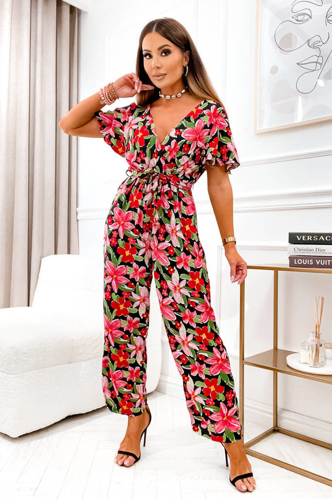 KOMBINEZON W KWIATY Z WIĄZANIEM W PASIE- CZARNY