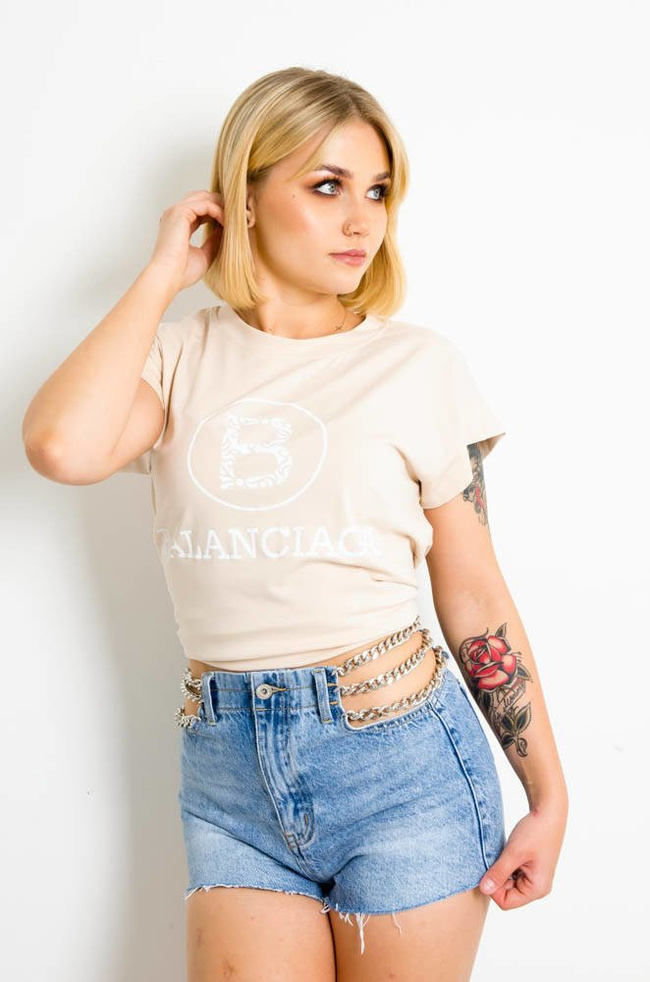 BEŻOWY T-SHIRT Z NAPISEM BALANCIAGA