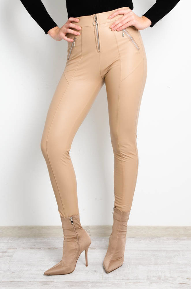 BEŻOWE WOSKOWANE LEGGINSY Z PRZESZYCIAMI- WYSOKI STAN