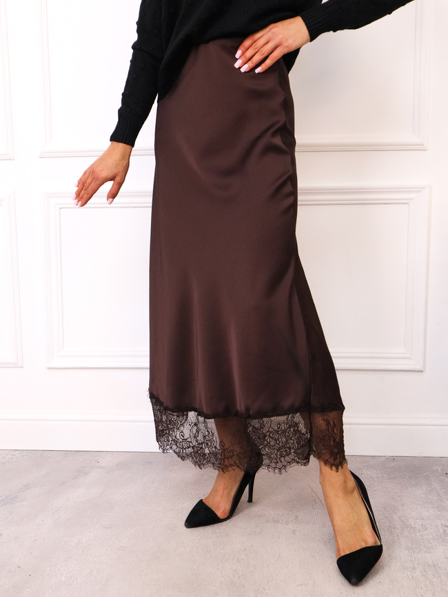 SPÓDNICA SATYNOWA MAXI ZAKOŃCZONA KORONKĄ- CZEKOLADOWA