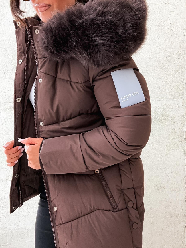 KURTKA Z NASZYWKĄ I LISEM NA KAPTURZE- BRĄZOWA