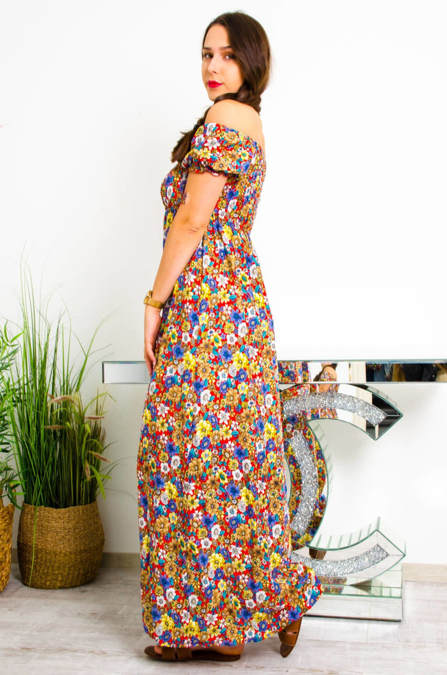 CZERWONA DŁUGA SUKIENKA HISZPANKA W KWIATY 