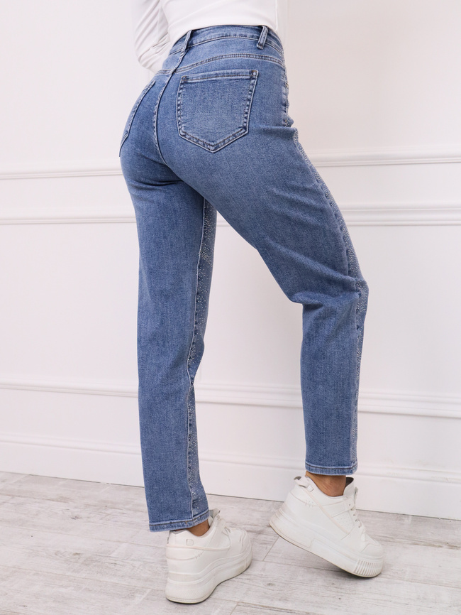 SPODNIE JEANSOWE MOM FIT ZDOBIONE CYRKONIAMI- NIEBIESKIE