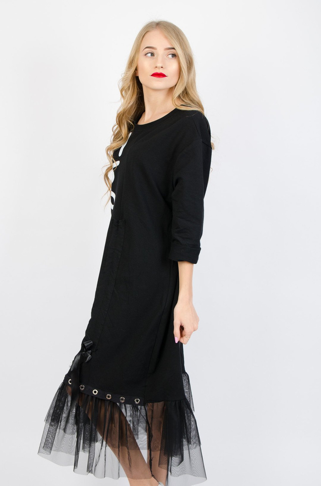 CZARNA SUKIENKA WYKOŃCZONA TIULEM Z NAPISEM "THE EXQUISITE"