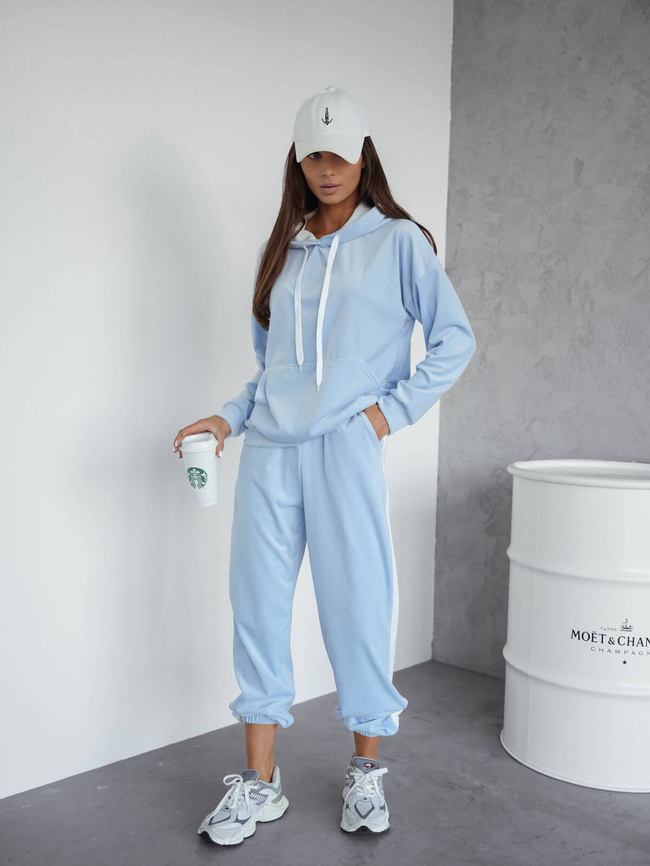 KOMPLET WELUROWY BLUZA+ SPODNIE Z KONTRASTOWYMI LAMPASAMI- NIEBIESKI