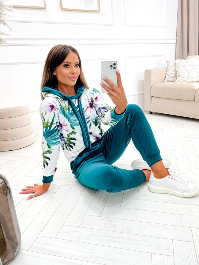 WELUROWY KOMPLET DRESOWY W KWIATY- BUTELKOWA ZIELEŃ