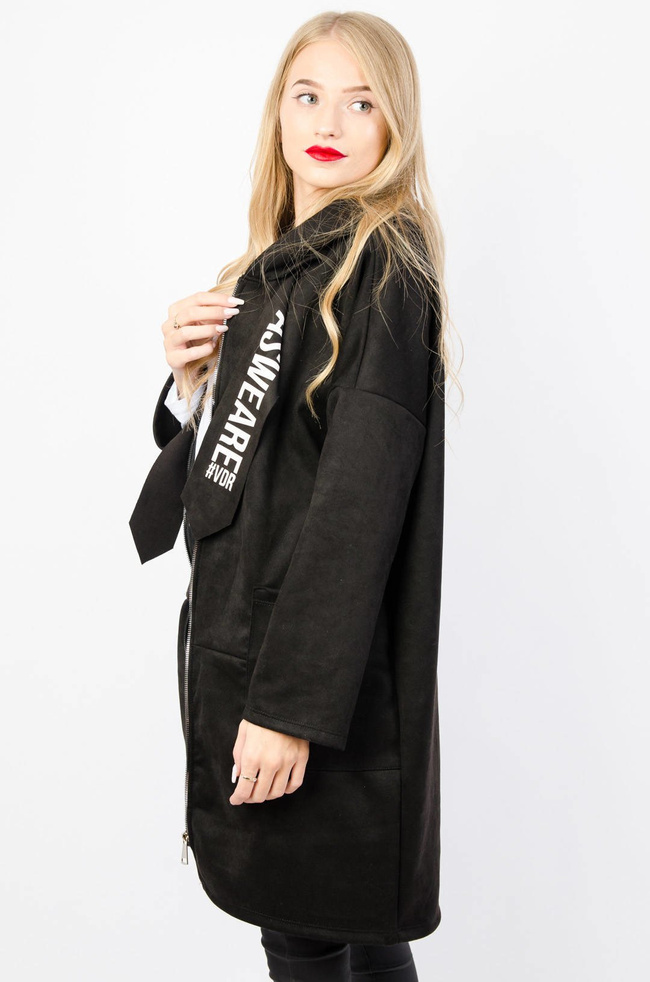 DŁUGA CZARNA NARZUTKA Z KAPTUREM
