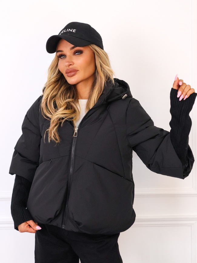 KURTKA PUCHOWA Z DZIANINOWYMI WSTAWKAMI PRZY RĘKAWACH- CZARNA