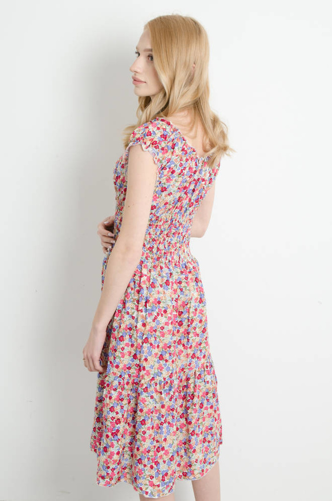 SUKIENKA HISZPANKA W KWIATY MIDI- RÓŻOWA