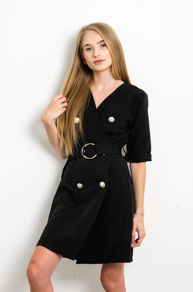 ELEGANCKA GARNITUROWA SUKIENKA Z OZDOBNYMI GUZIAKMI SZMIZJERKA -CZARNA