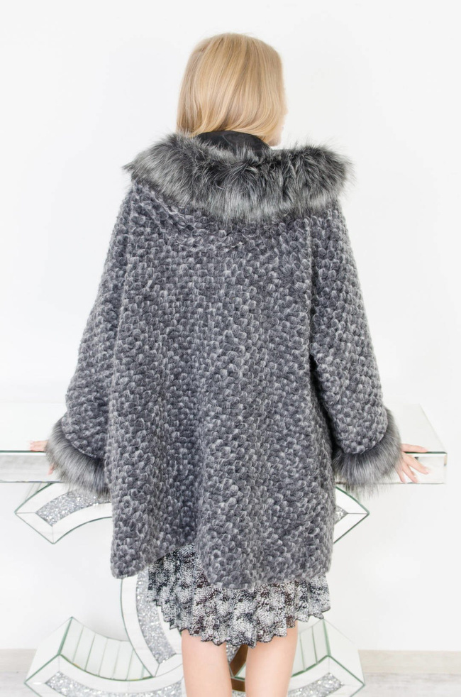 SZARY ELEGANCKI PŁASZCZ Z FUTERKIEM