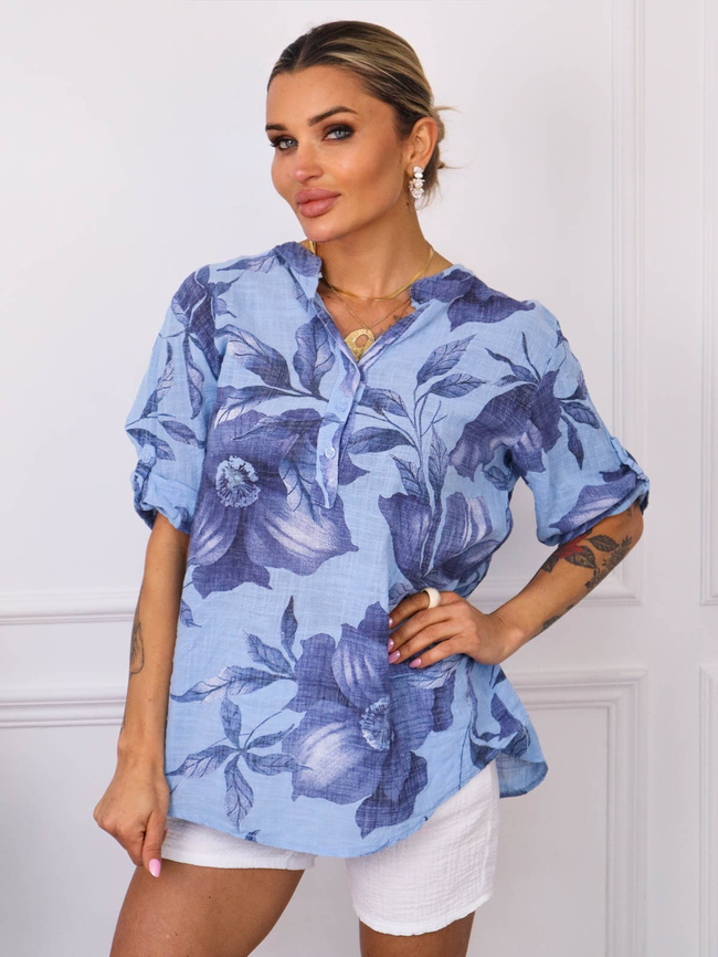 KOSZULA WZORZYSTA Z LNEM- NIEBIESKA