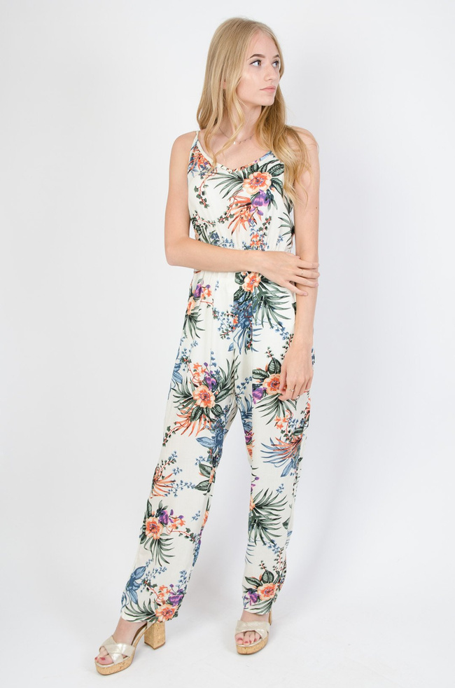 Kremowy długi kombinezon w kwiaty