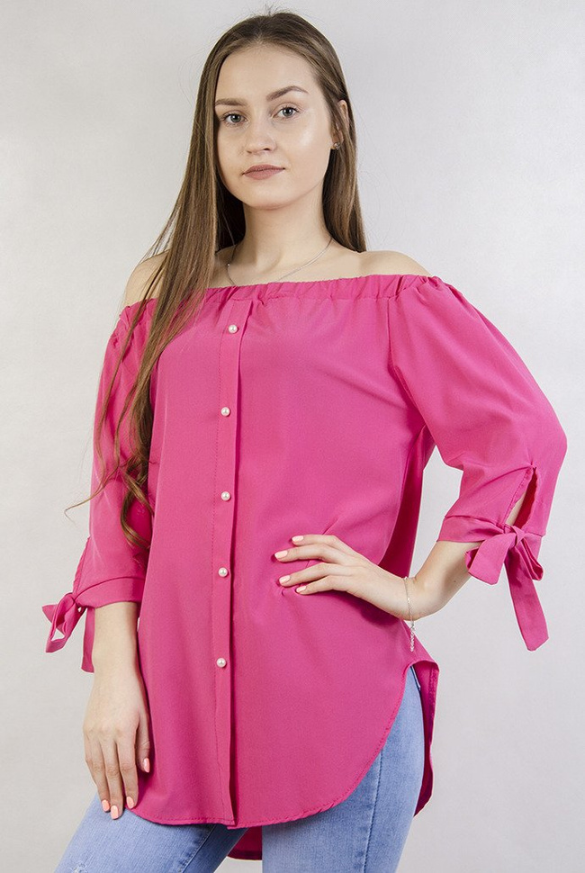 Ciemnorózowa bluzka hiszpanka z koralikami