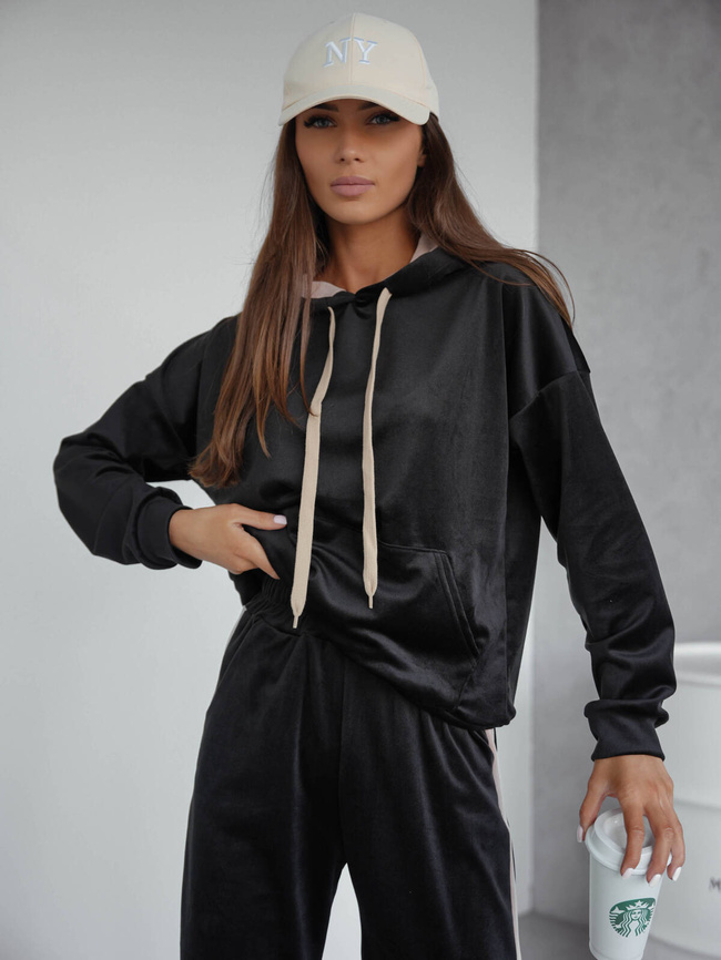 KOMPLET WELUROWY BLUZA+ SPODNIE Z KONTRASTOWYMI LAMPASAMI- CZARNY