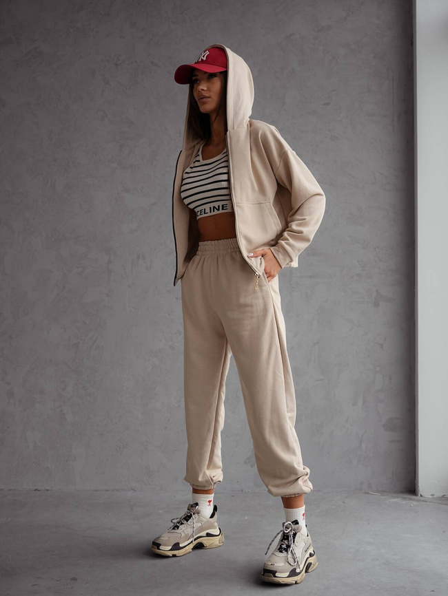 BAWEŁNIANY KOMPLET DRESOWY BLUZA ROZPINANA+ SPODNIE- BEŻOWY