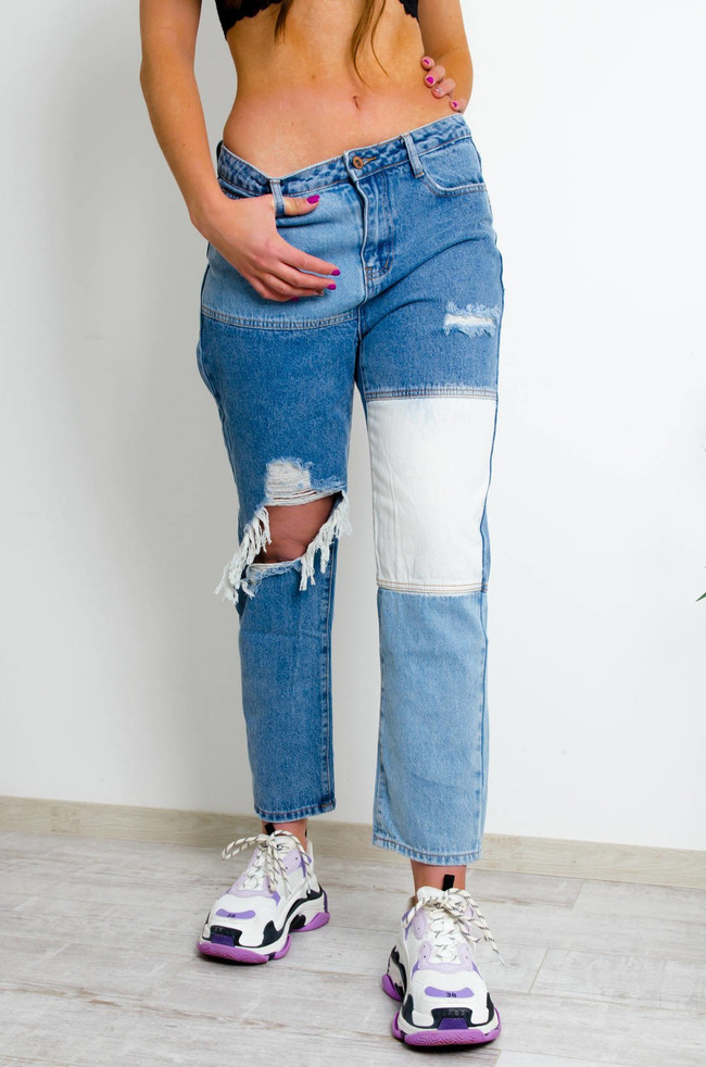 PATCHWORKOWE JEANSY O KROJU STRAIGHT WIDE 