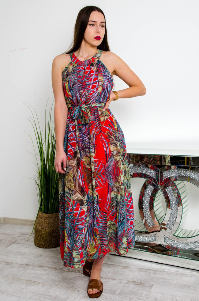 DŁUGA CZERWONO-ZIELONA SUKIENKA MAXI W KWIATOWY WZÓR