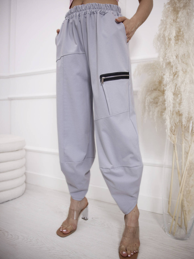 SPODNIE DRESOWE SZEROKIE Z ZAMKIEM NA NOGAWCE- SZARE